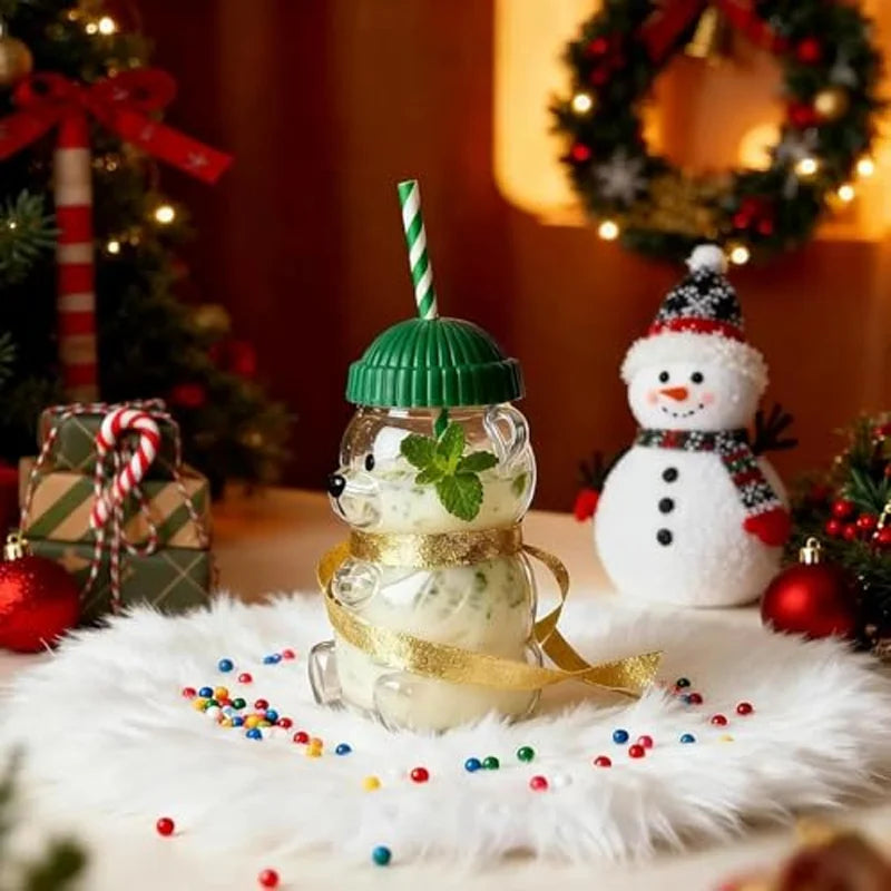 20oz Teddy Mug Bear Glass Tumbler with bear illustration and clear design, ideal for hot and cold beverages