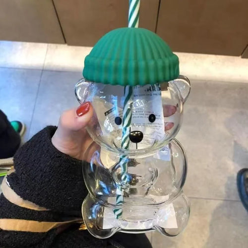 20oz Teddy Mug Bear Glass Tumbler with clear design, featuring a bear graphic, suitable for hot or cold beverages.