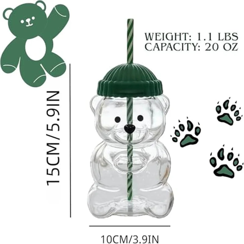 Teddy Mug 20oz Bear Glass Tumbler with clear cylindrical design and black lid, ideal for hot or cold beverages