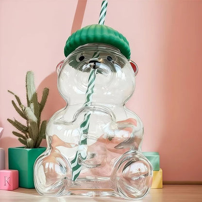 20oz Teddy Mug Bear Glass Tumbler with clear design, sturdy handle, ideal for hot or cold beverages